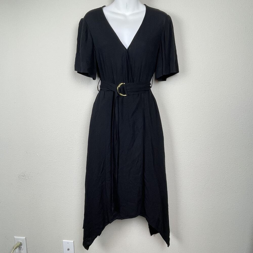 Banana Republic Black Wrap Dress Size 2P Witchy Goth Asymmetrical Hem Rayon